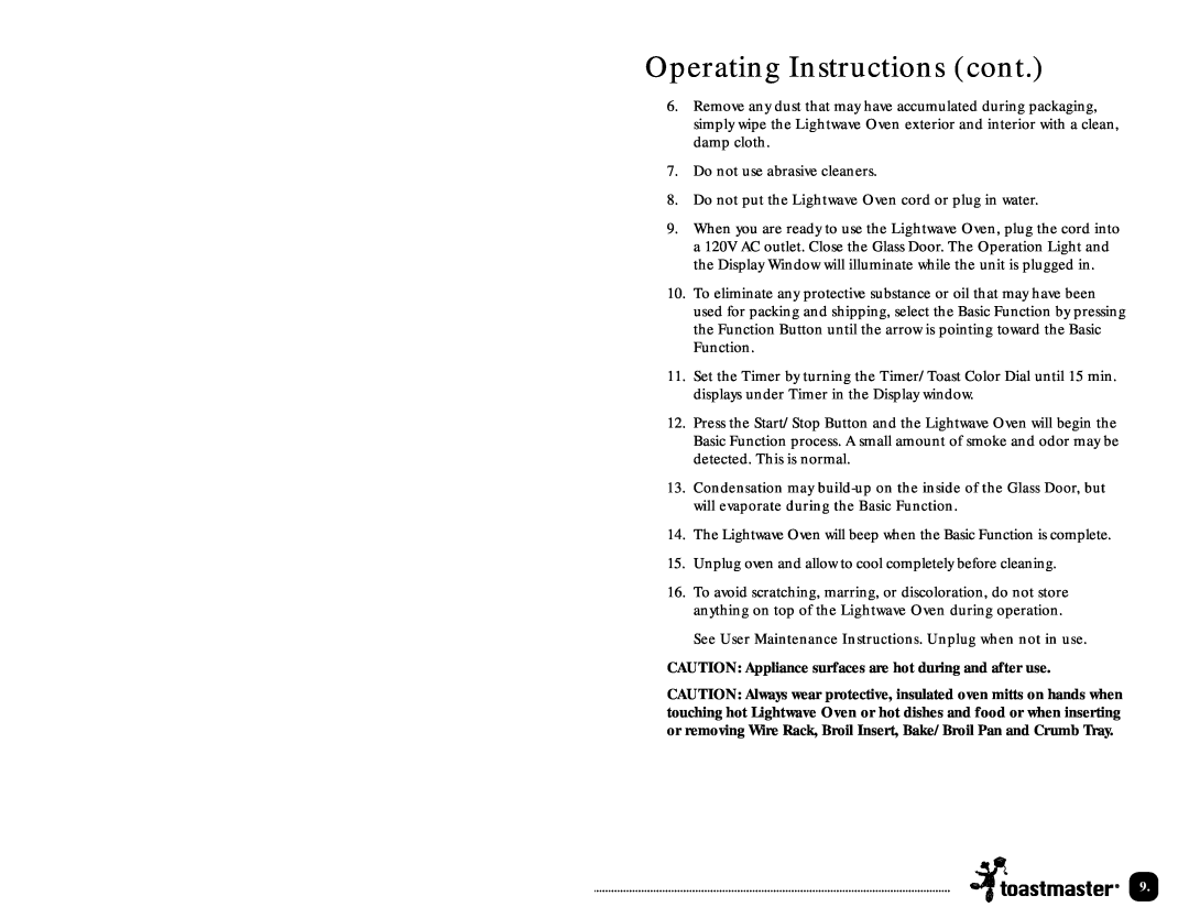 Toastmaster TLWTOB6CAN manual Operating Instructions cont 