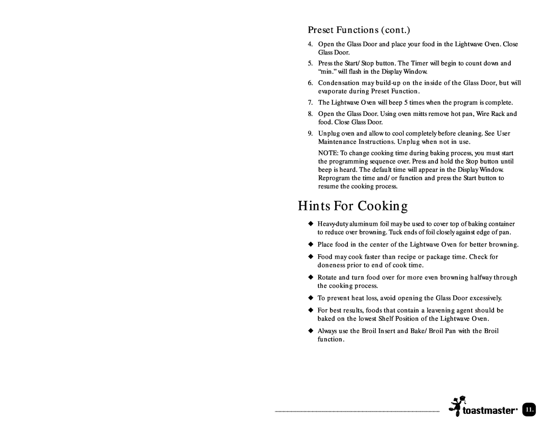 Toastmaster TLWTOB6CAN manual Hints For Cooking, Preset Functions cont 