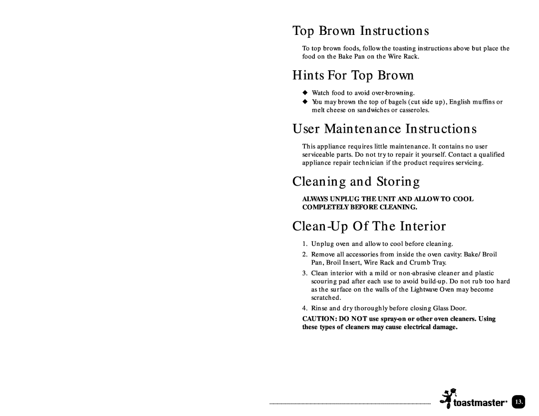 Toastmaster TLWTOB6 User Maintenance Instructions, Cleaning and Storing, Clean-UpOf The Interior, Top Brown Instructions 