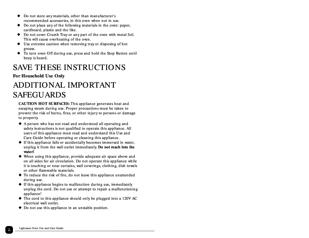 Toastmaster TLWTOB6CAN manual Save These Instructions, Additional Important Safeguards, For Household Use Only 