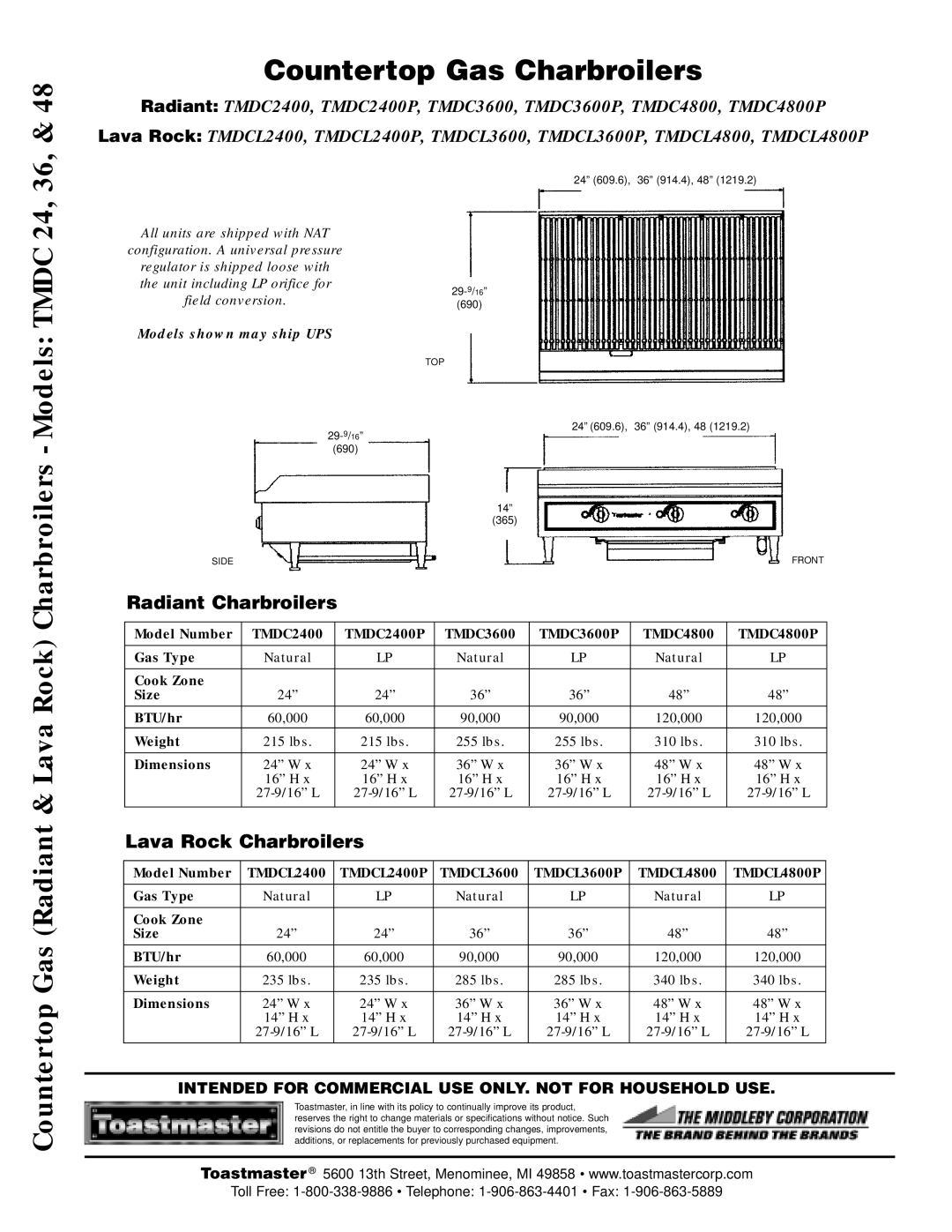 Toastmaster TMDCL3600P, TMDCL4800P, TMDCL2400P, TMDC4800, TMDC2400P, TMDC3600P Radiant Charbroilers, Lava Rock Charbroilers 