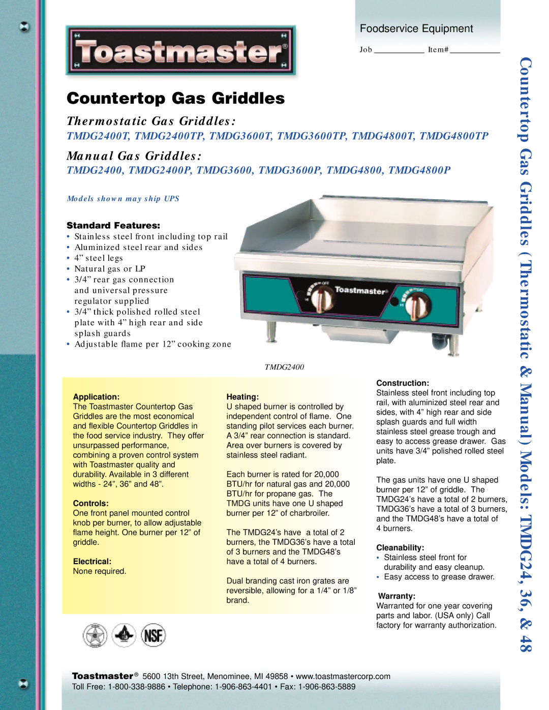 Toastmaster TMDG2400P, TMDG4800P warranty Construction, Application, Controls, Electrical, Heating, Cleanability, Warranty 