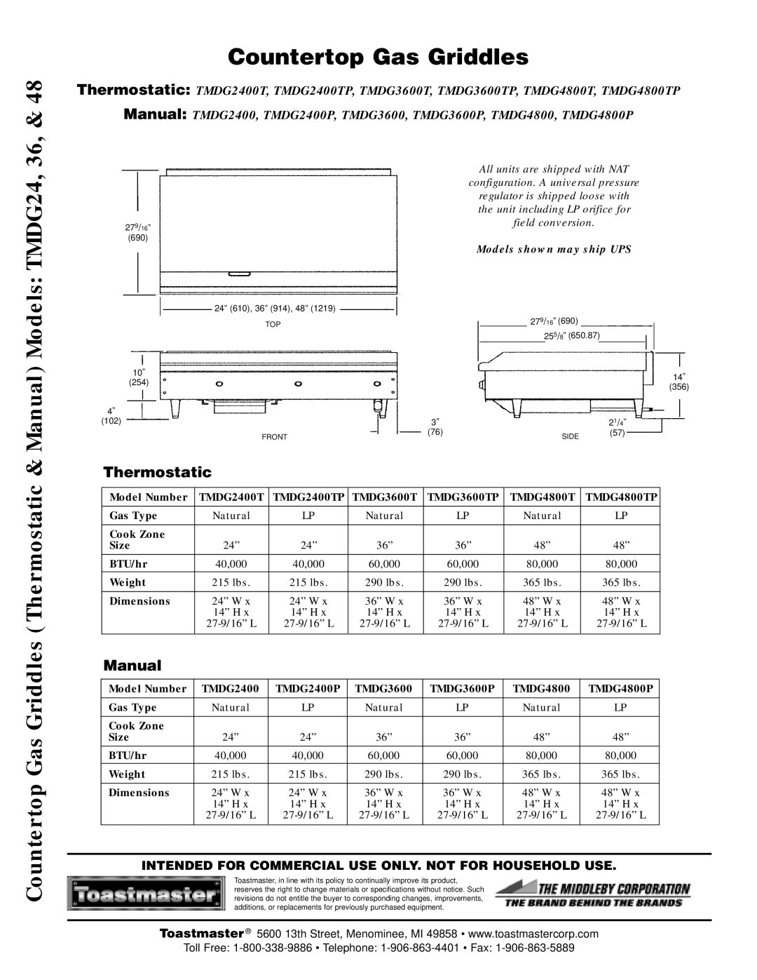 Toastmaster TMDG3600P, TMDG4800P, TMDG2400P, TMDG2400TP, TMDG4800TP, TMDG3600TP warranty Thermostatic, Manual 