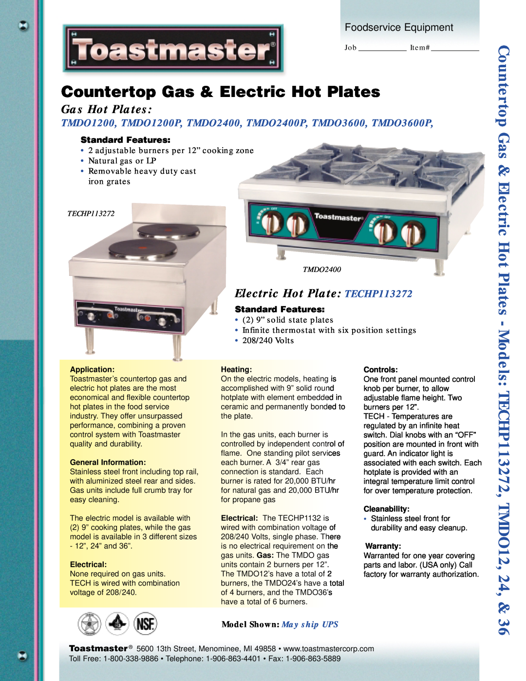 Toastmaster 24 warranty Countertop Gas & Electric Hot Plates, Standard Features, TECHP113272, TMDO12, Gas Hot Plates 