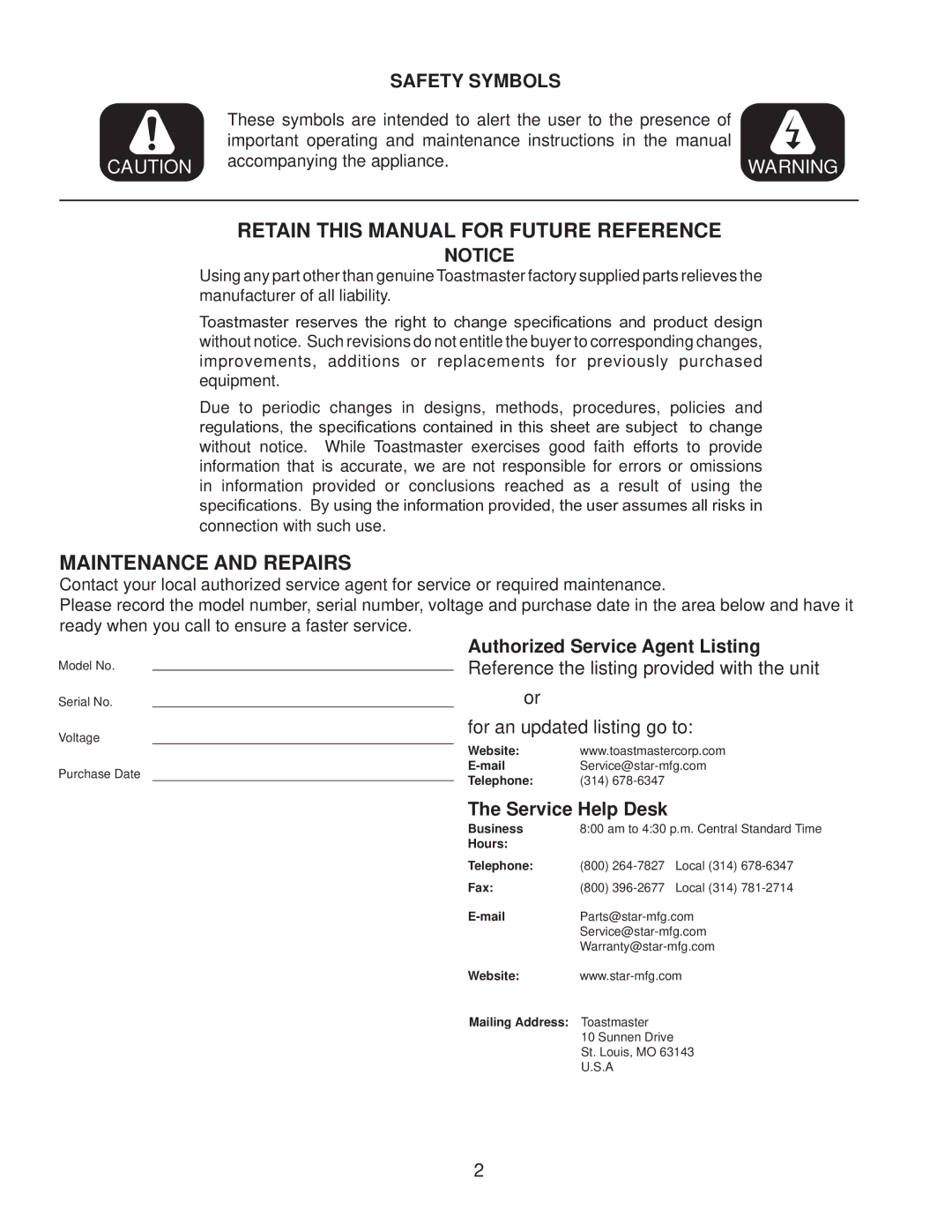 Toastmaster TMFE30, TMFE15 manual Retain this Manual for Future Reference, Safety Symbols 