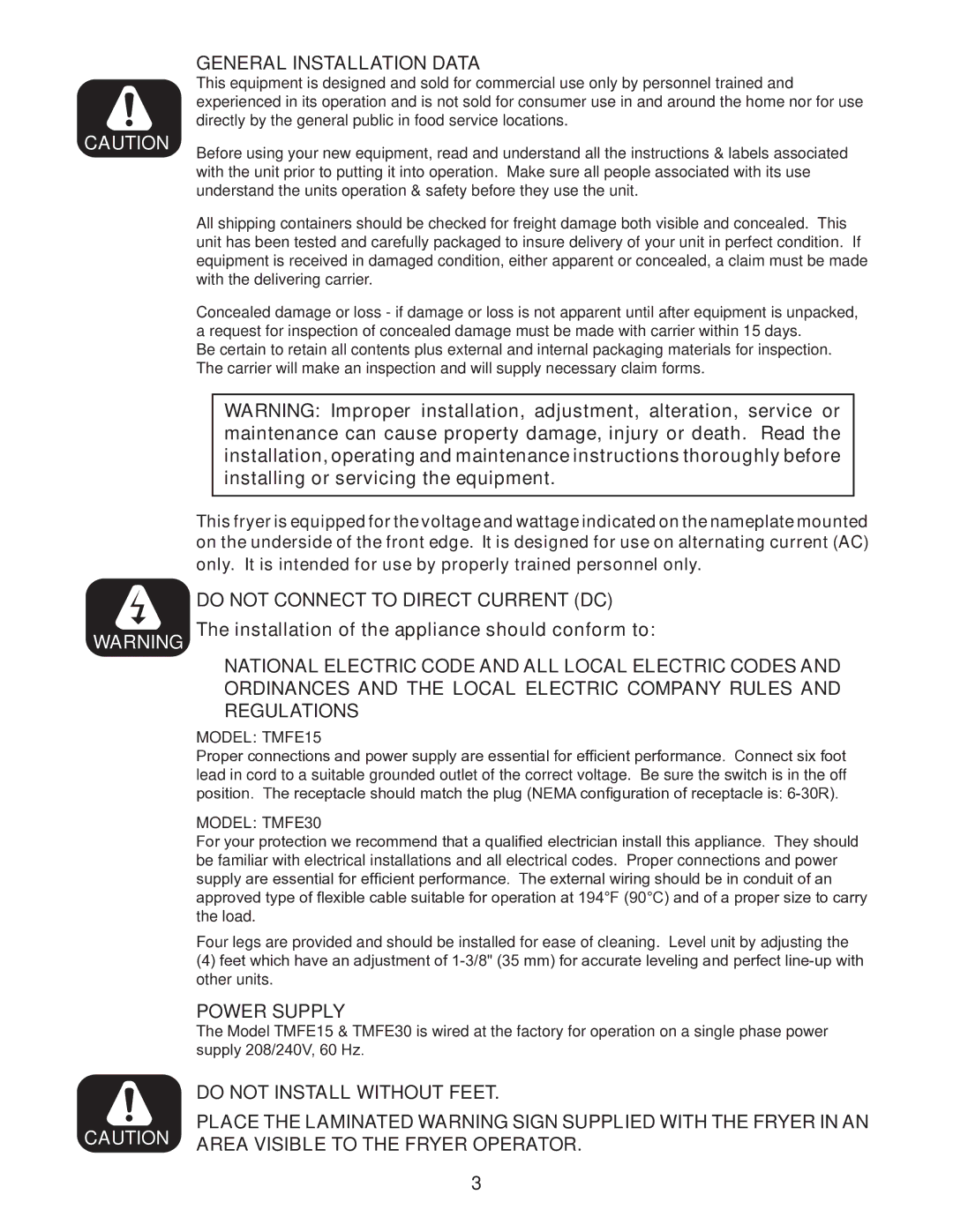 Toastmaster TMFE15, TMFE30 manual General Installation Data, Power Supply, Do not Install Without Feet 