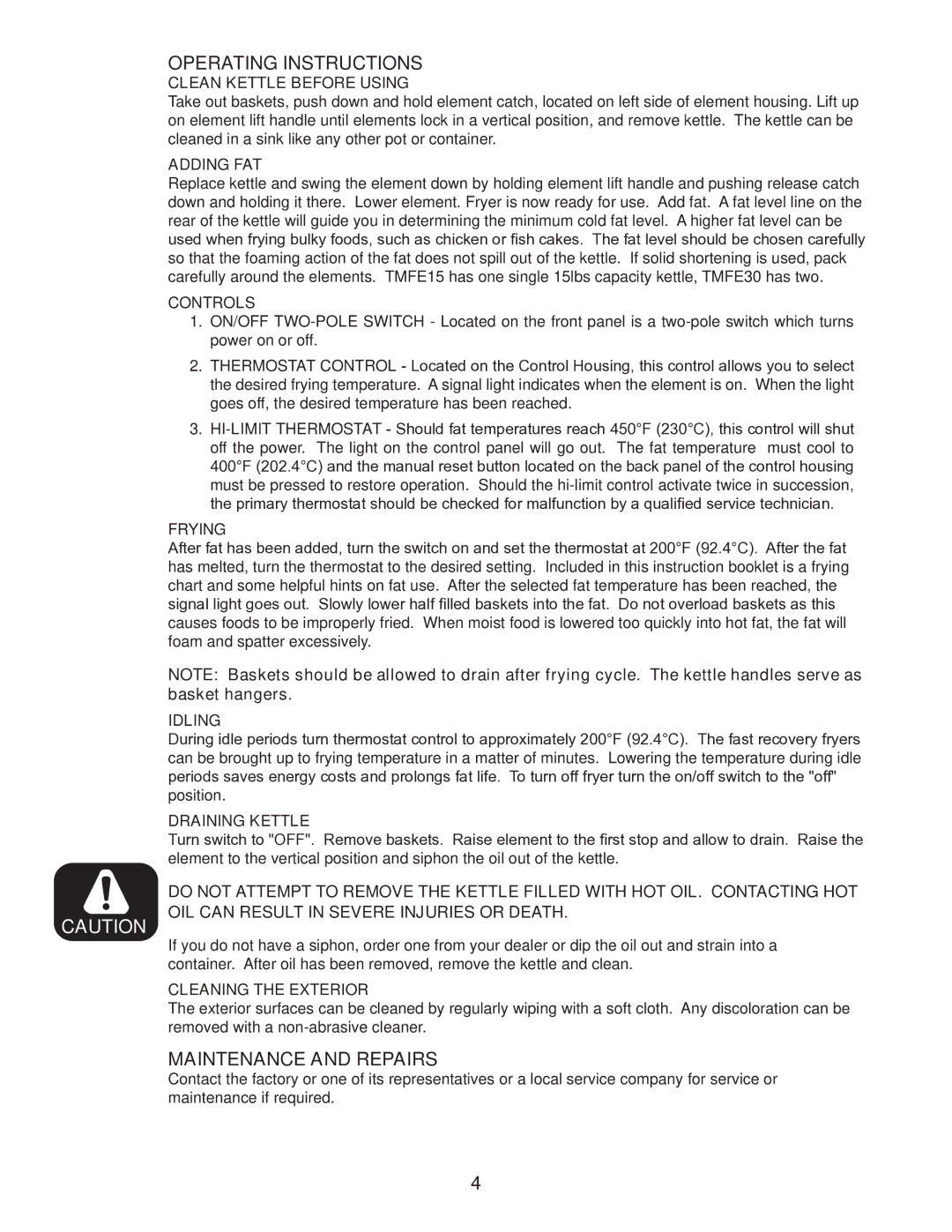 Toastmaster TMFE30, TMFE15 manual Operating Instructions, Maintenance and Repairs 