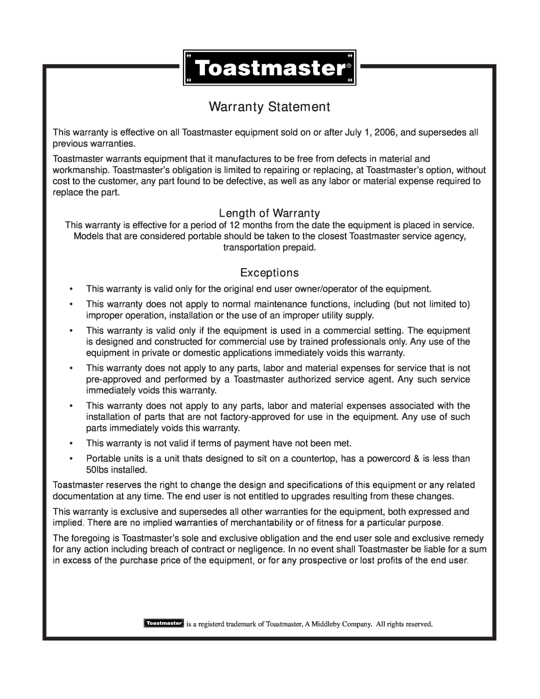 Toastmaster TMFE30, TMFE15 manual Length of Warranty, Exceptions, Warranty Statement 
