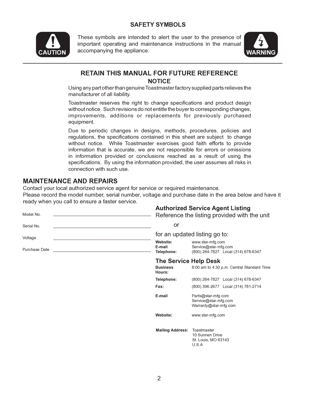 Toastmaster TMFG18-NAT, TMFG30-NAT, TMFG18-LP, TMFG30-LP manual Retain this Manual for Future Reference, Safety Symbols 