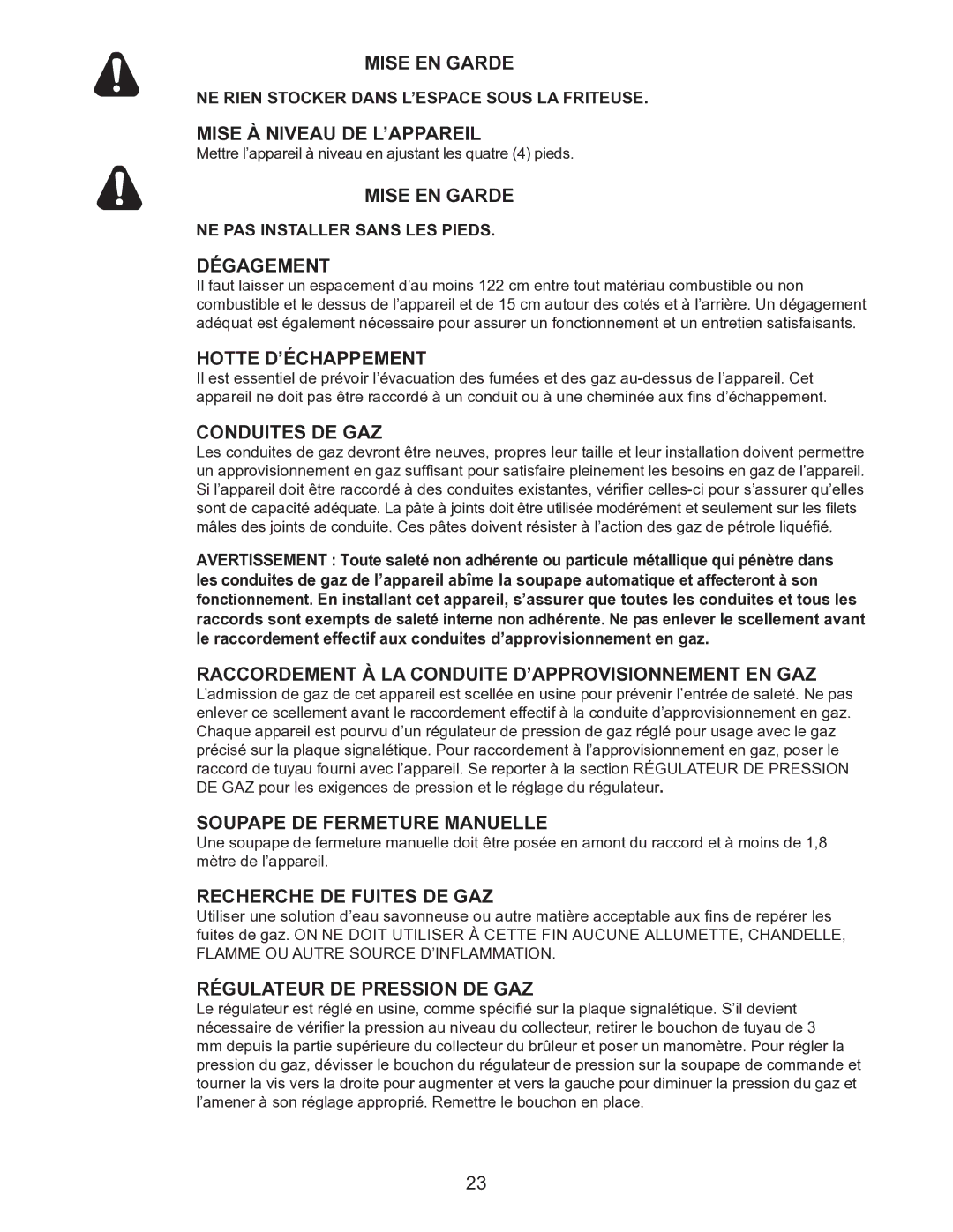 Toastmaster TMFG18-LP, TMFG30-NAT, TMFG30-LP Mise À Niveau DE L’APPAREIL, Dégagement, Hotte D’ÉCHAPPEMENT, Conduites DE GAZ 