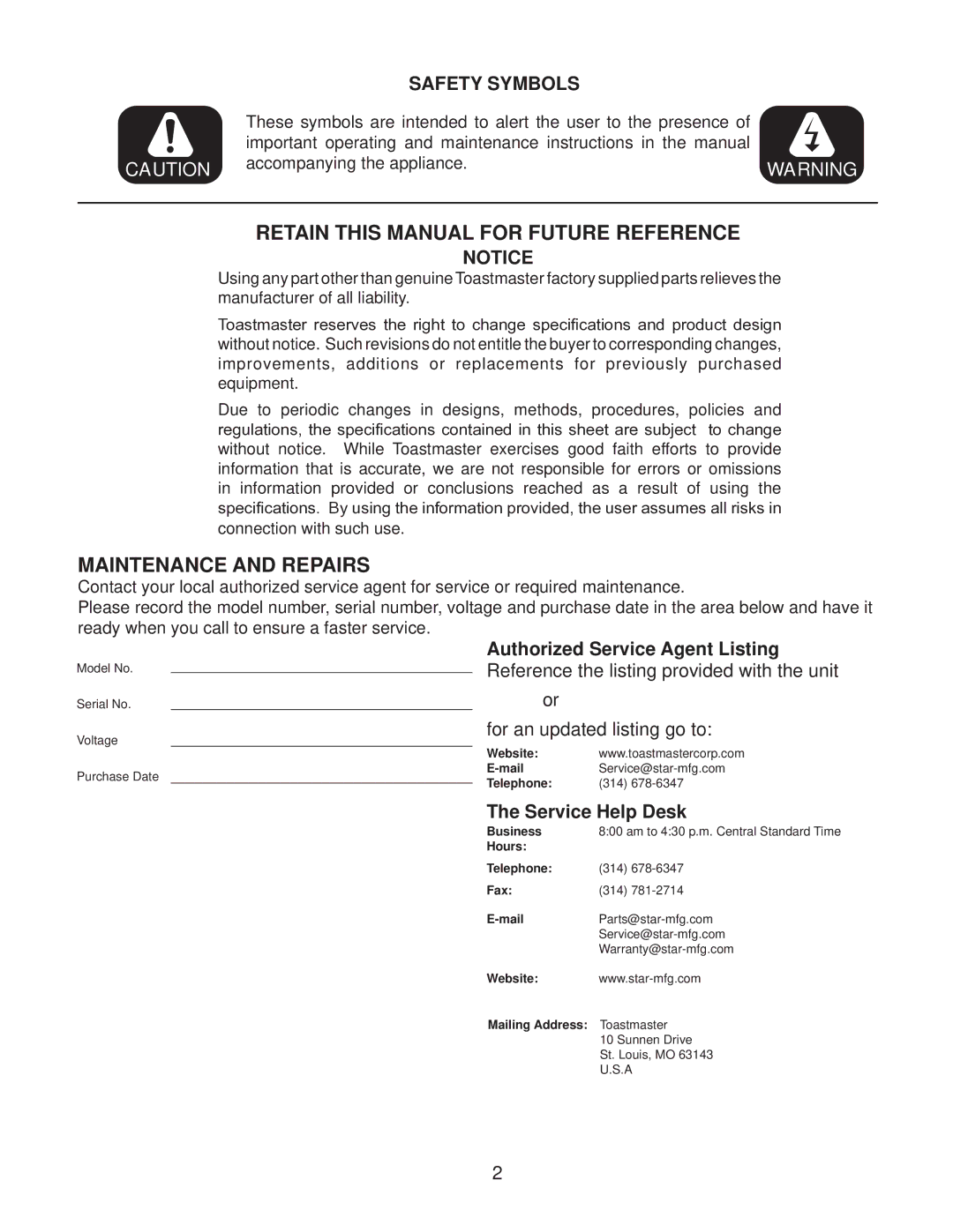 Toastmaster TMGE48, TMGE24, TMGE36 manual Retain this Manual for Future Reference, Safety Symbols 