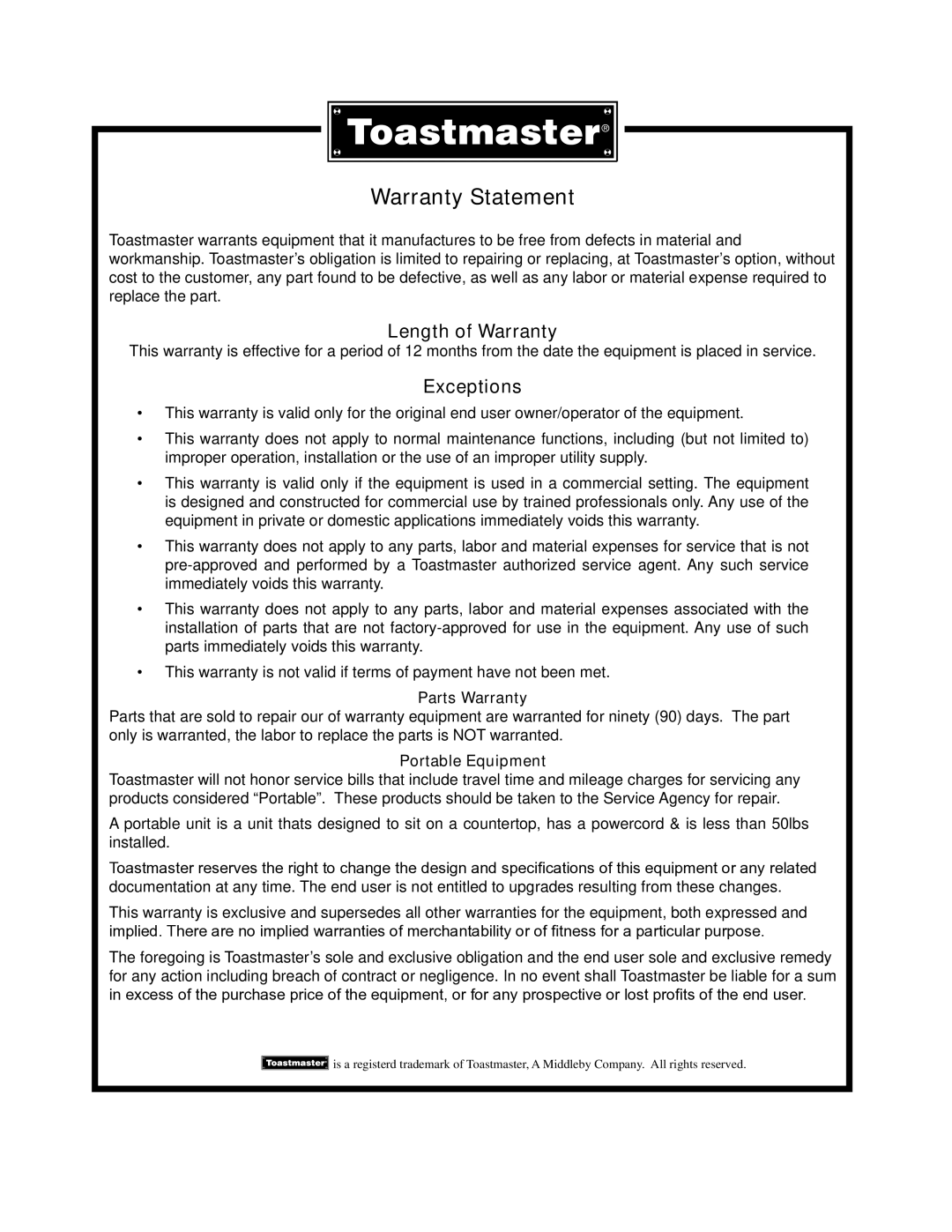 Toastmaster TMGE48, TMGE24, TMGE36 manual Warranty Statement 