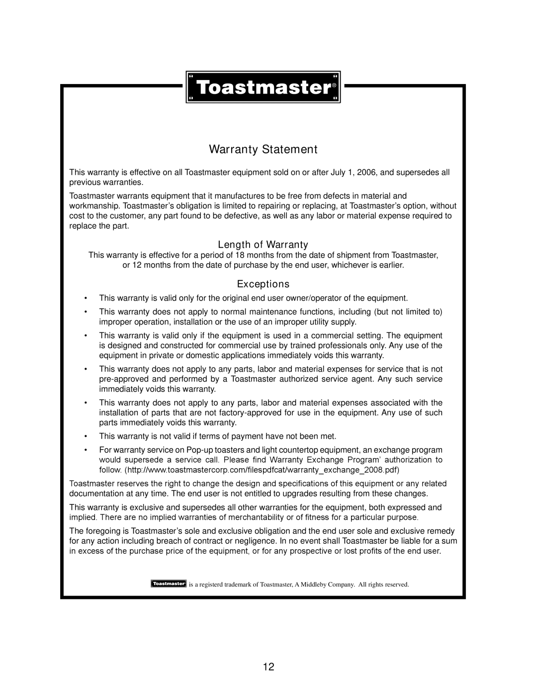 Toastmaster TMGT36, TMGT24, TMGT48, TMGM48, TMGM36, TMGM24 manual Warranty Statement 