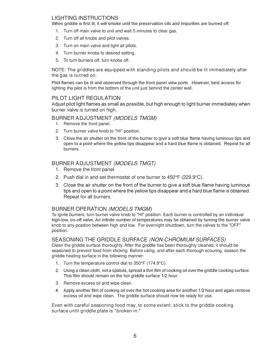 Toastmaster TMGT36, TMGT24, TMGT48, TMGM48 manual Lighting Instructions, Pilot Light Regulation, Burner Adjustment Models Tmgm 