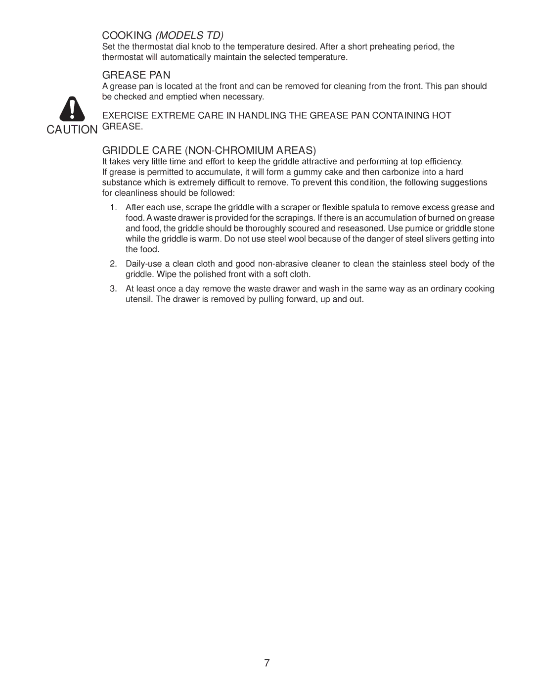 Toastmaster TMGT24, TMGT36, TMGT48, TMGM48, TMGM36, TMGM24 manual Grease PAN, Griddle Care NON-CHROMIUM Areas 