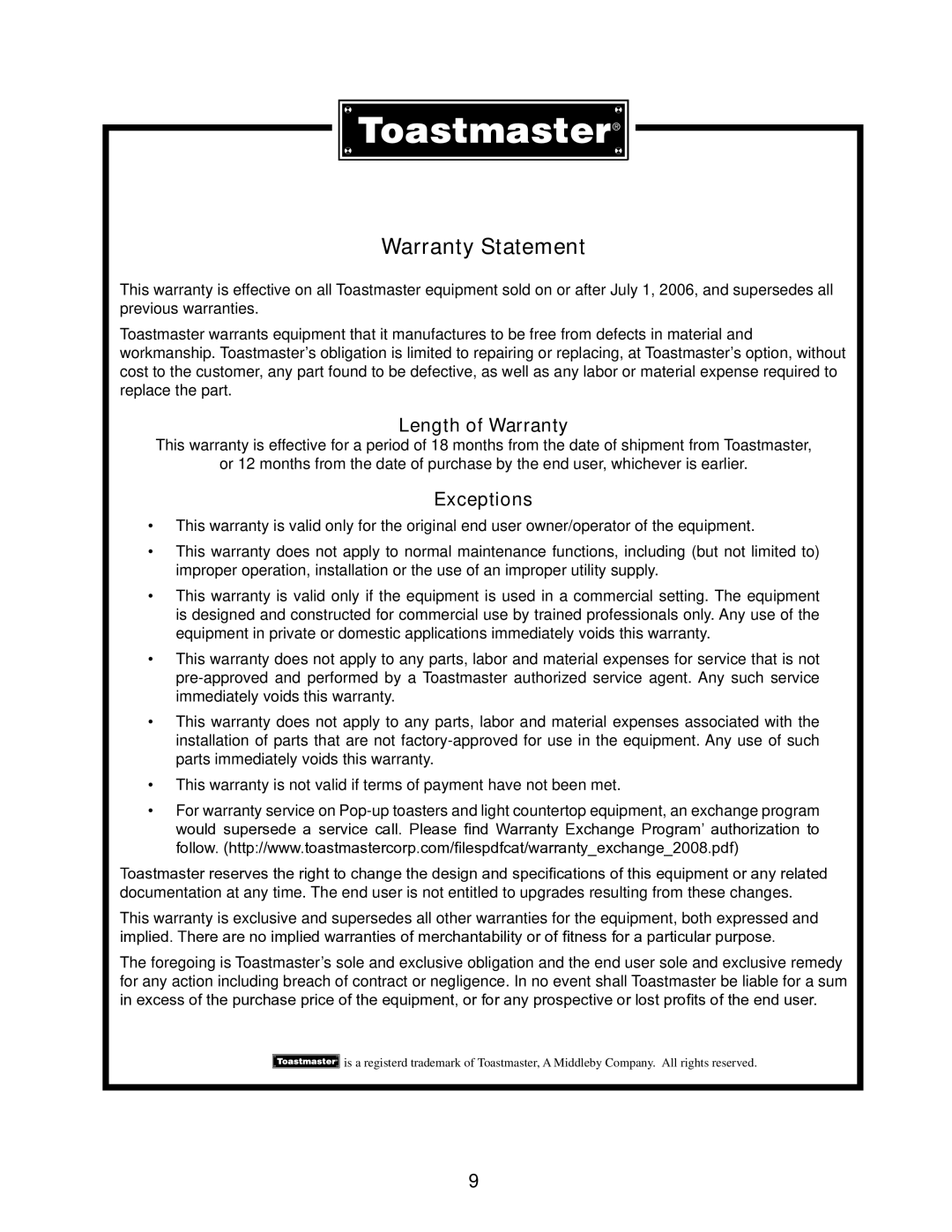 Toastmaster TMHP4, THMP2, TMHP6 manual Warranty Statement 