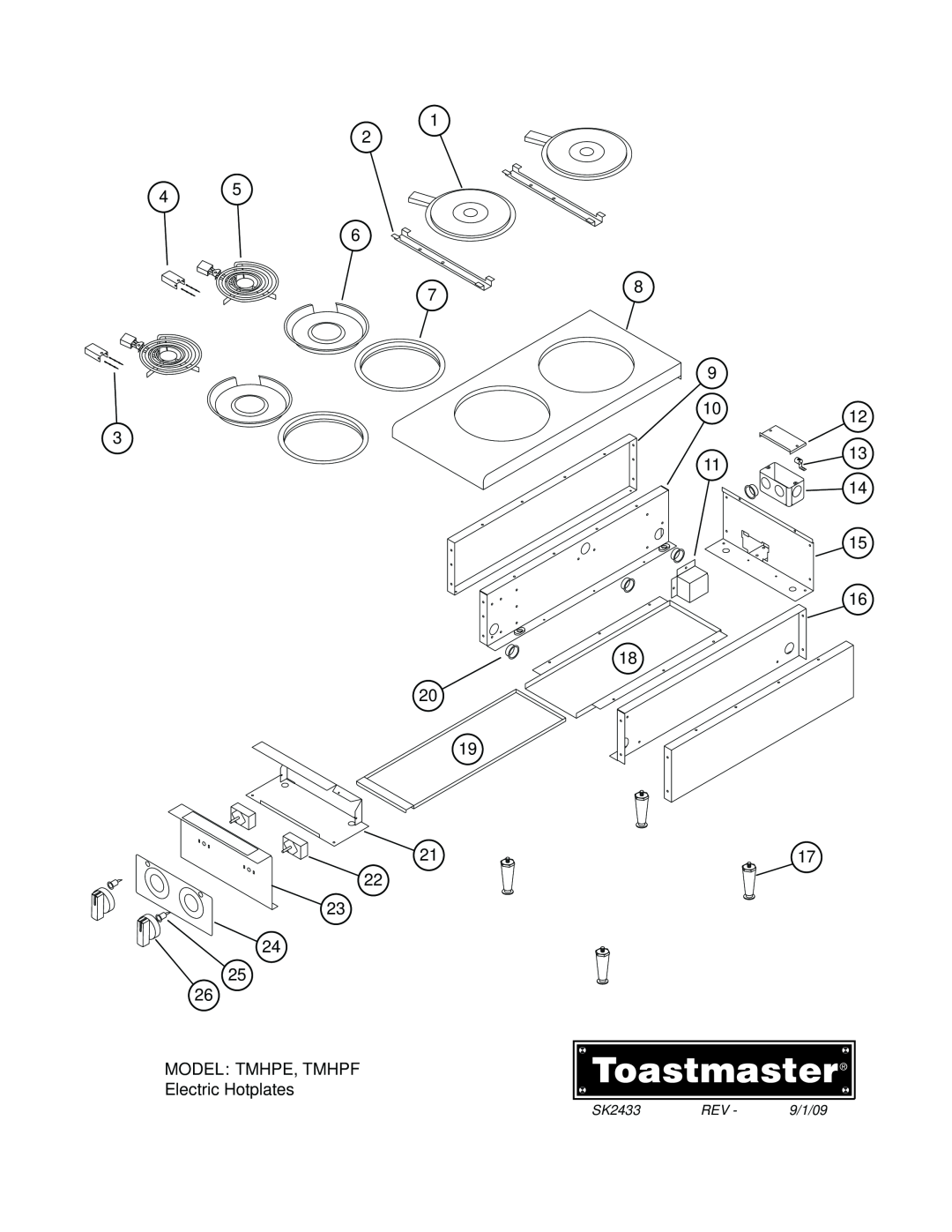 Toastmaster TMPHF manual MODEL TMHPE, TMHPF Electric Hotplates, SK2433, 9/1/09 