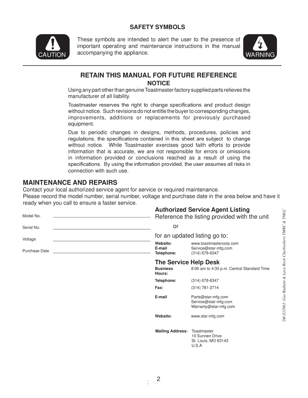 Toastmaster TMRC36, TMRC48, TMRC24 manual Safety Symbols, Service Help Desk 