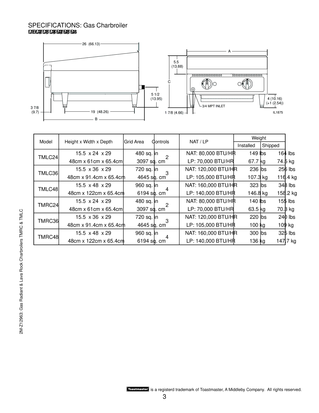 Toastmaster manual Specifications Gas Charbroiler, Model TMLC24, TMLC36, TMLC48, TMRC24, TMRC36, TMRC48 