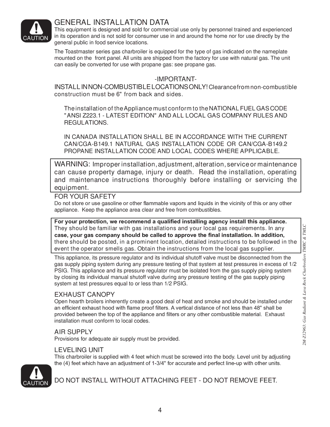 Toastmaster TMRC24, TMRC48, TMRC36 manual For Your Safety, Exhaust Canopy, AIR Supply, Leveling Unit 