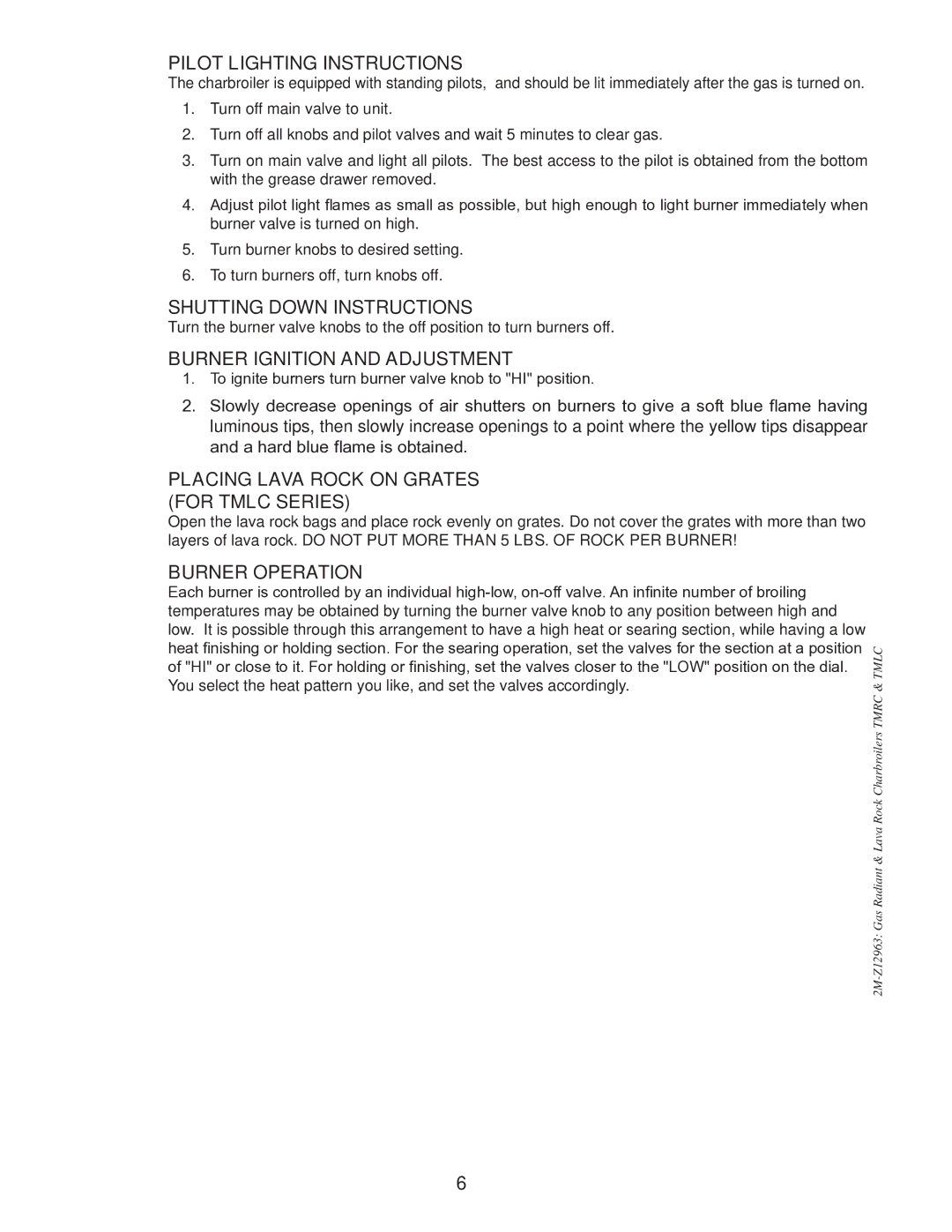 Toastmaster TMRC48, TMRC24, TMRC36 Pilot Lighting Instructions, Shutting Down Instructions, Burner Ignition and Adjustment 