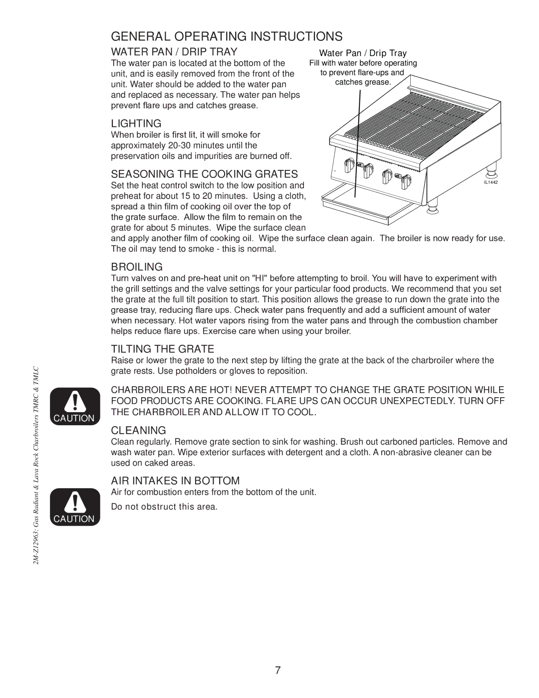 Toastmaster TMRC24 Water PAN / Drip Tray, Lighting, Seasoning the Cooking Grates, Broiling, Tilting the Grate, Cleaning 