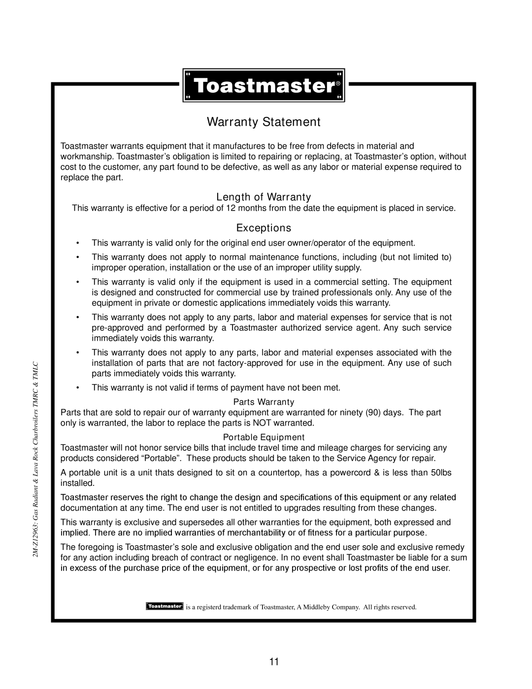 Toastmaster TMRC36, TMRC48, TMRC24 Warranty Statement, Length of Warranty, Exceptions, Parts Warranty, Portable Equipment 