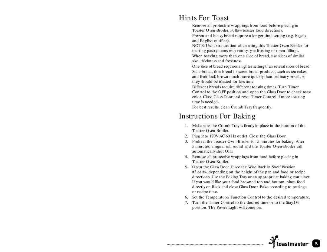 Toastmaster TOV200 manual Hints For Toast, Instructions For Baking 