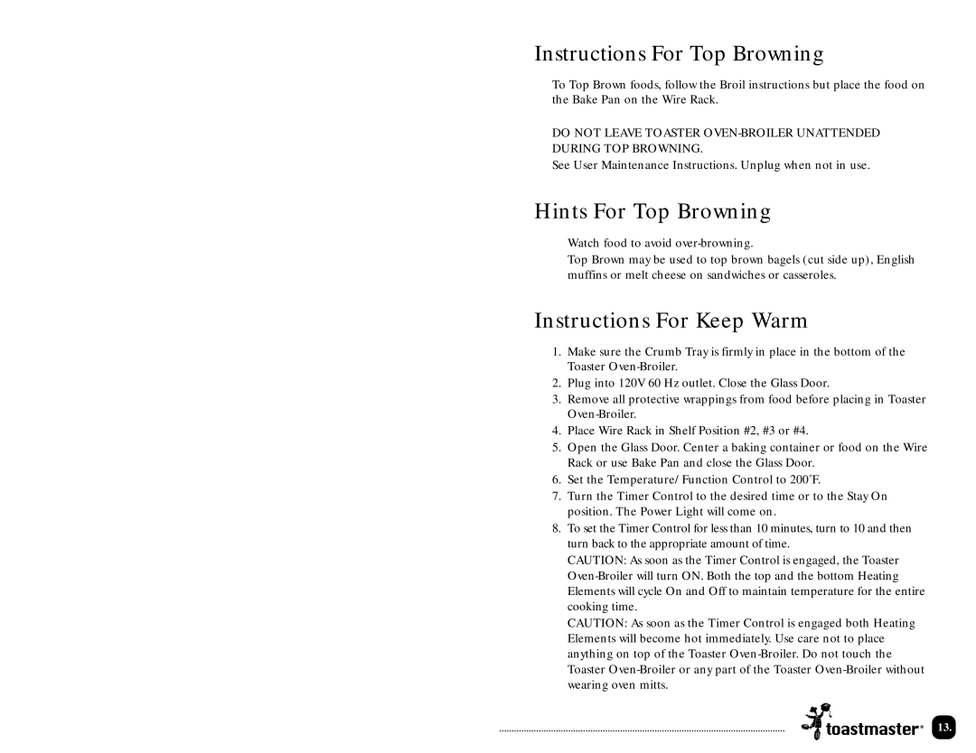 Toastmaster TOV200 manual Instructions For Top Browning, Hints For Top Browning, Instructions For Keep Warm 