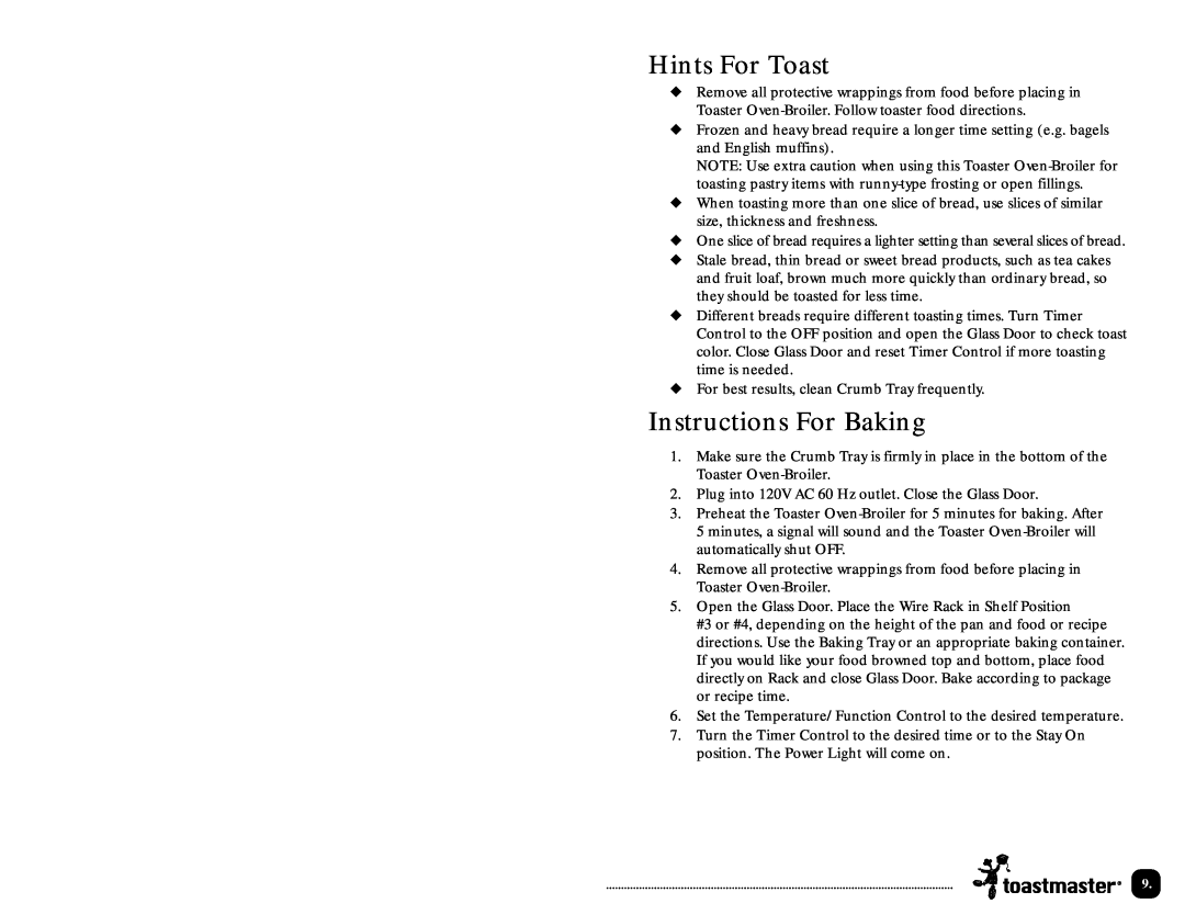 Toastmaster TOV200 manual Hints For Toast, Instructions For Baking 