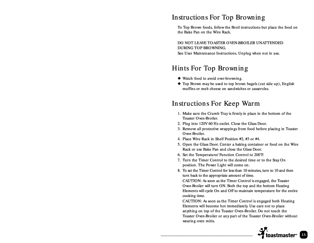 Toastmaster TOV200 manual Instructions For Top Browning, Hints For Top Browning, Instructions For Keep Warm 