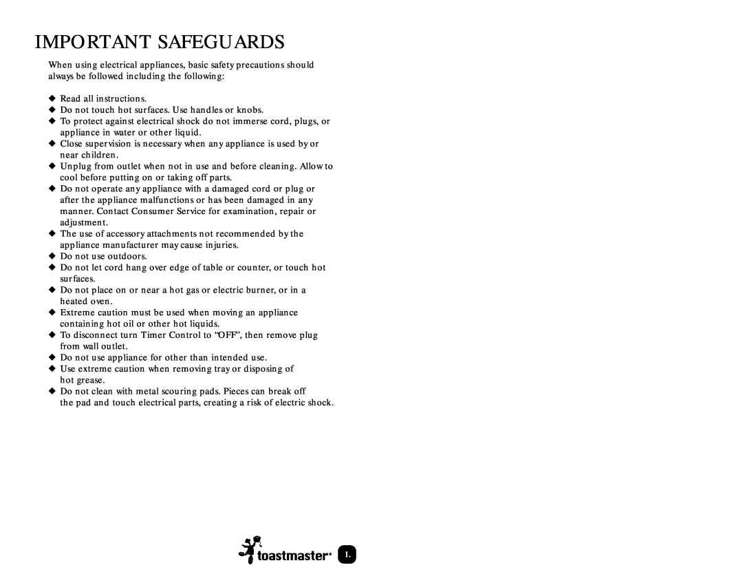 Toastmaster TOV200 manual Important Safeguards 