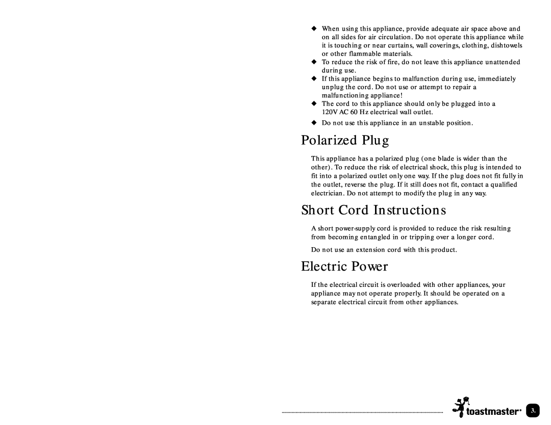 Toastmaster TOV200 manual Polarized Plug, Short Cord Instructions, Electric Power 