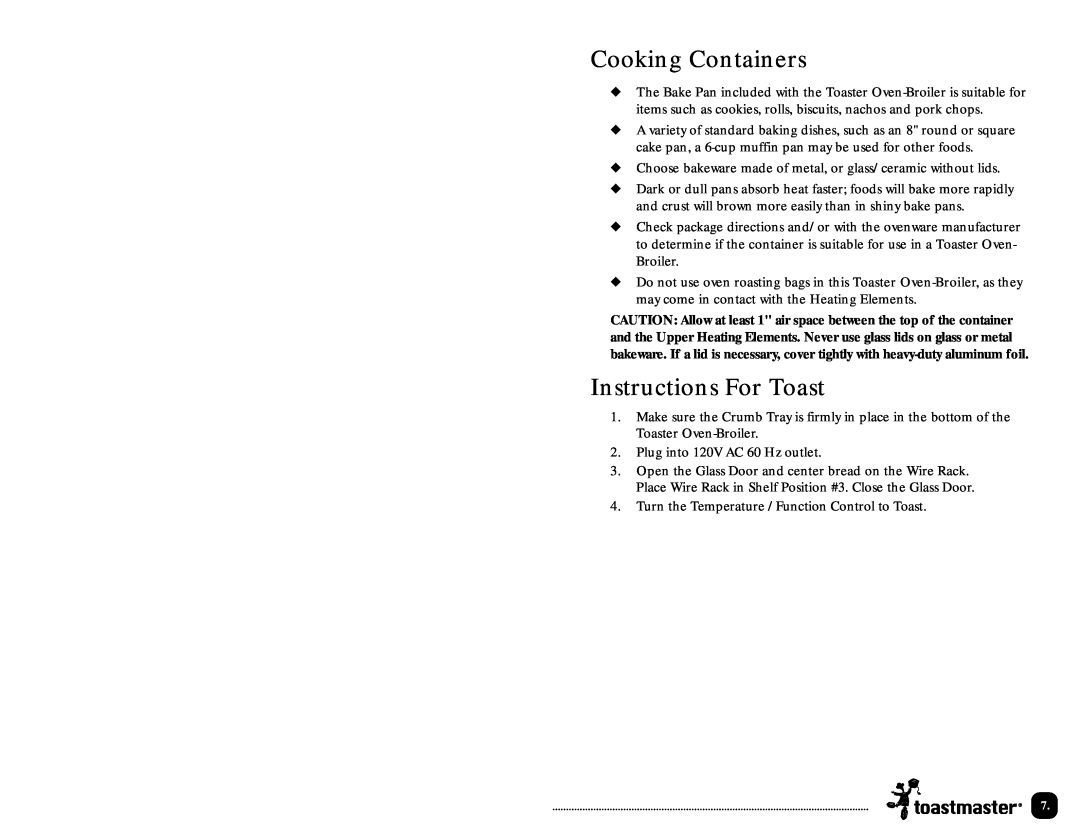 Toastmaster TOV200 manual Cooking Containers, Instructions For Toast 