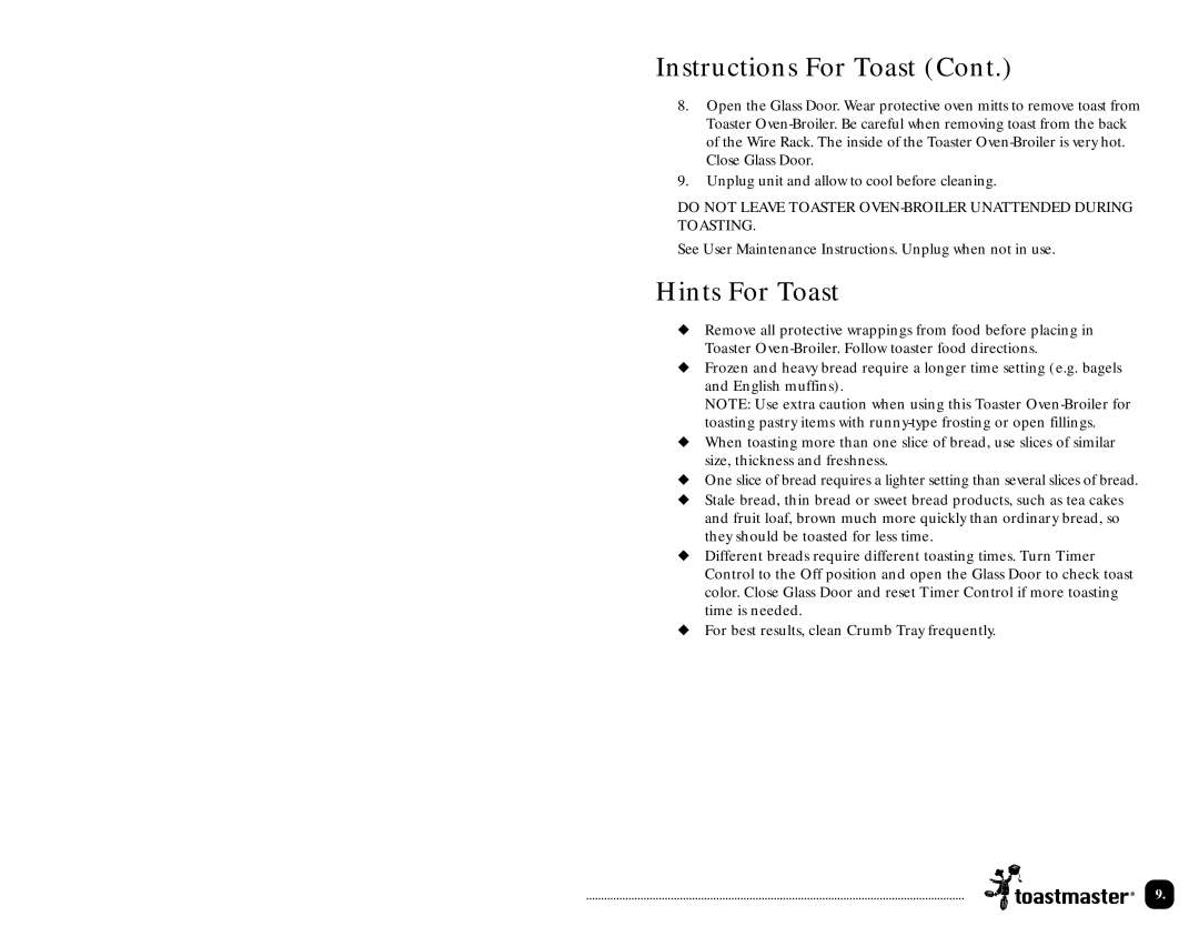 Toastmaster TOV320 manual Hints For Toast 