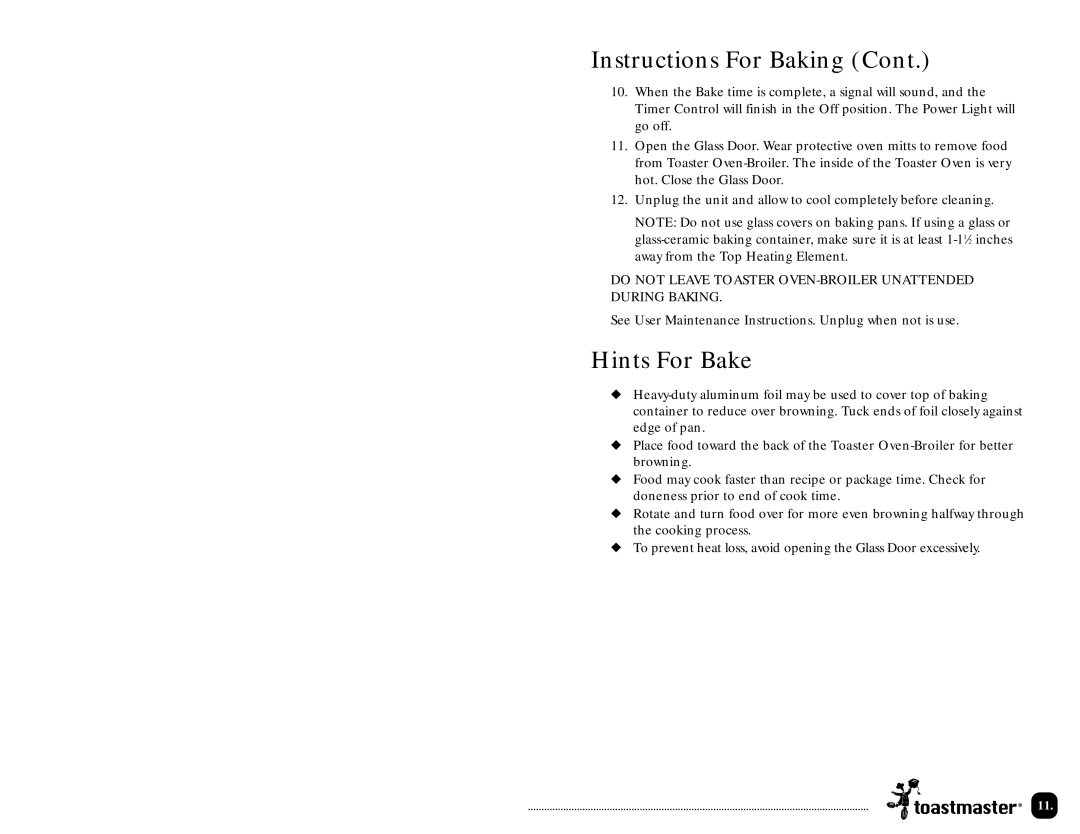 Toastmaster TOV320 manual Hints For Bake 