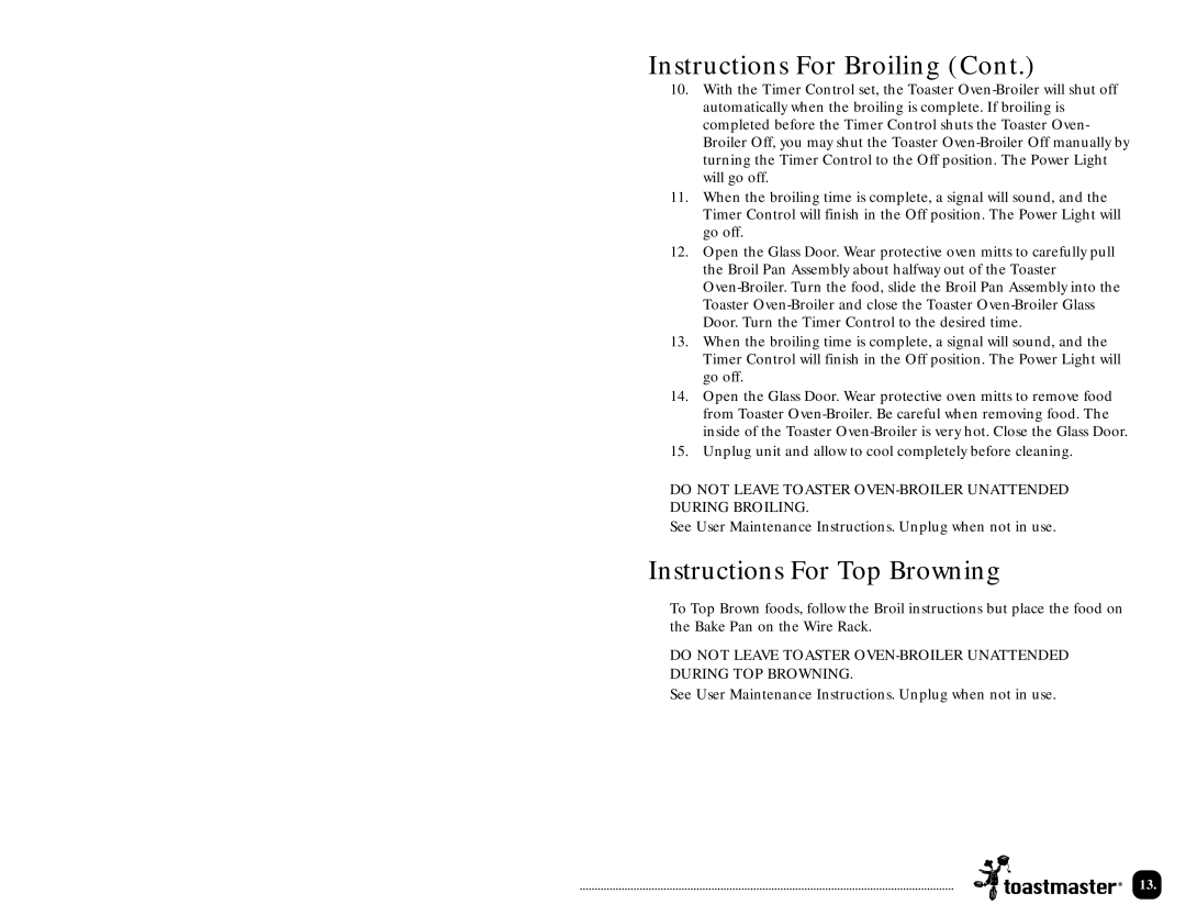 Toastmaster TOV320 manual Instructions For Broiling 