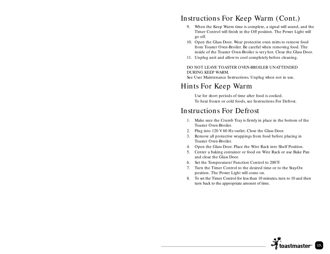 Toastmaster TOV320 manual Hints For Top Browning, Instructions For Keep Warm 