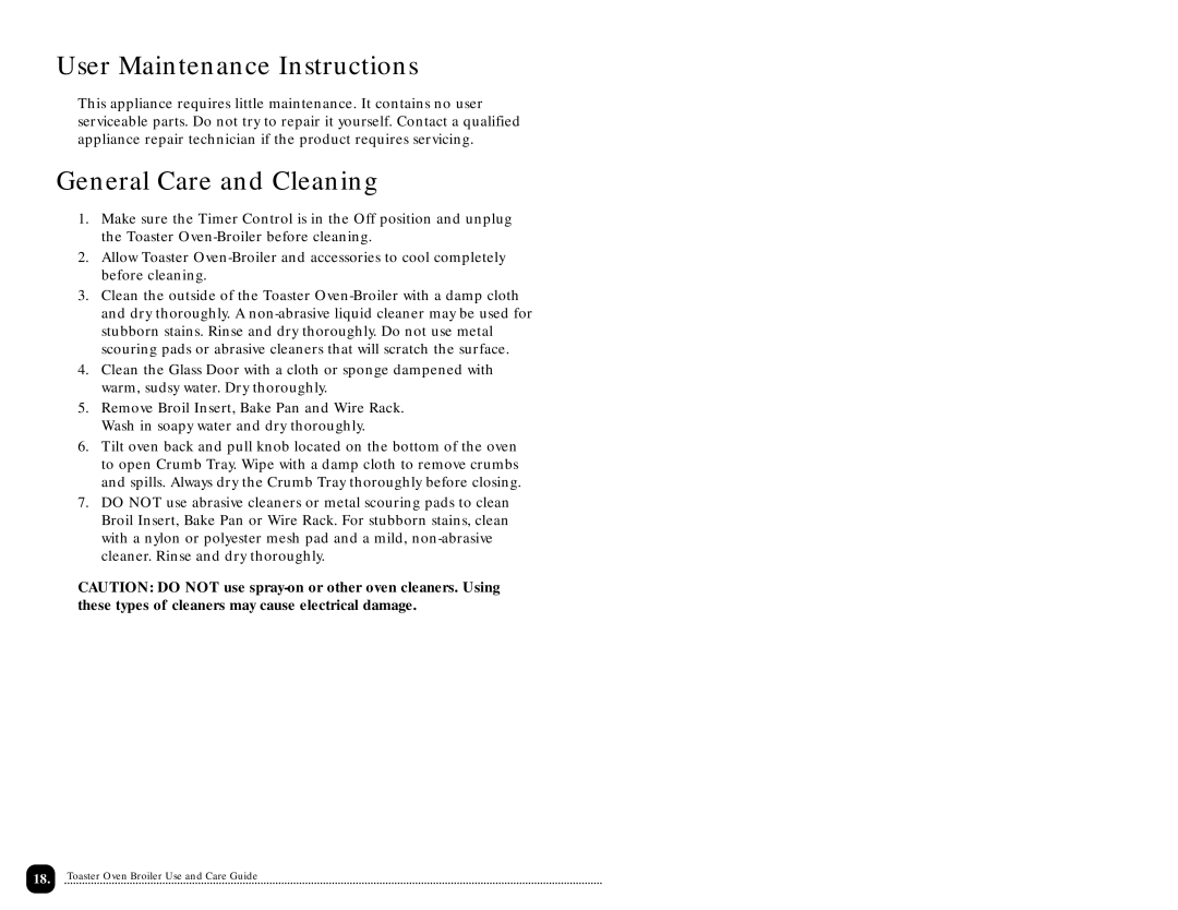 Toastmaster TOV320 manual User Maintenance Instructions, General Care and Cleaning 