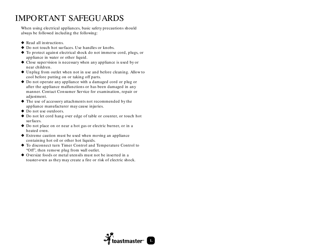 Toastmaster TOV320 manual Important Safeguards 