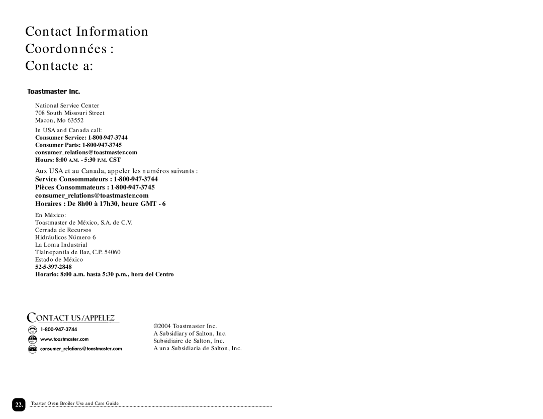 Toastmaster TOV320 manual Contact Information Coordonnées Contacte a 