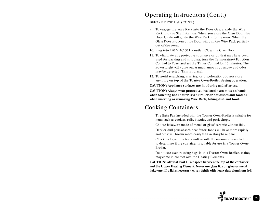 Toastmaster TOV320 manual Operating Instructions, Before First USE 