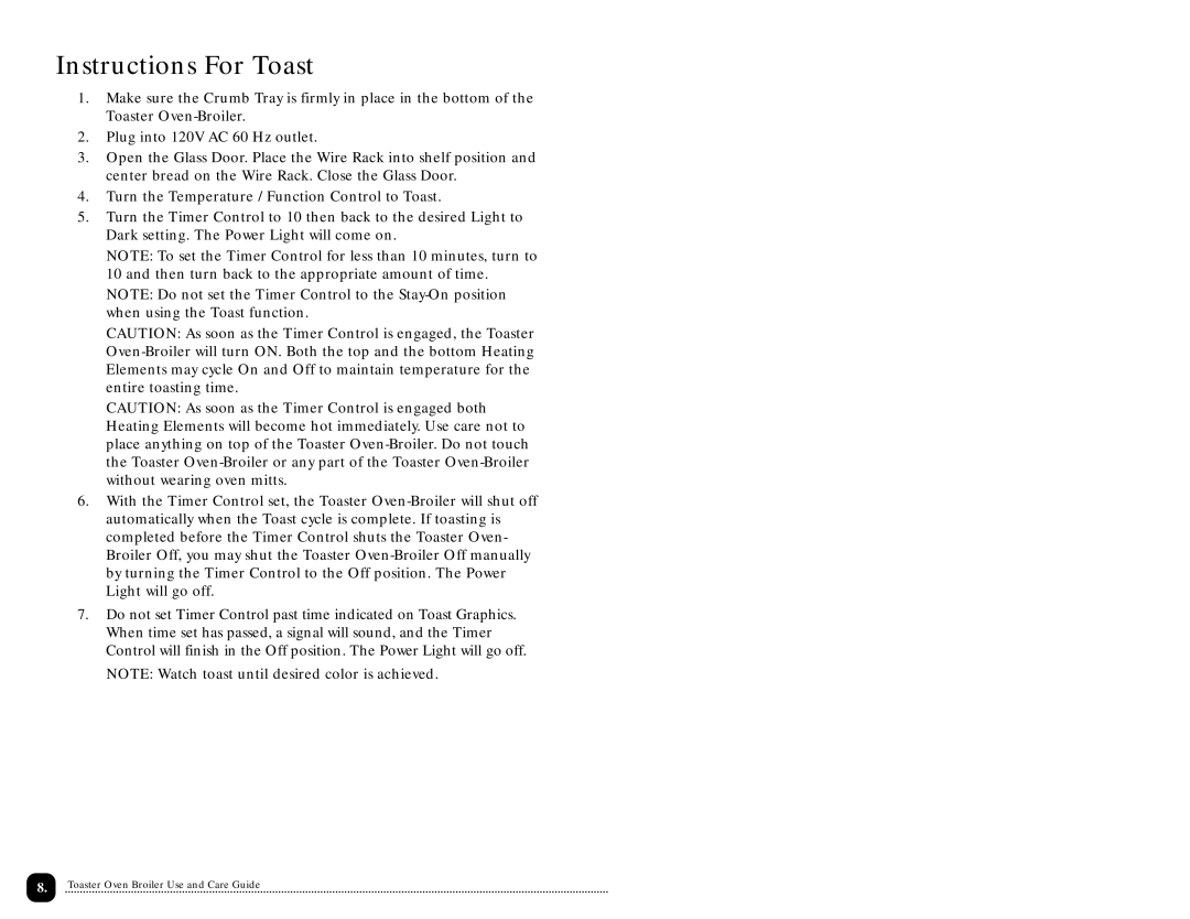 Toastmaster TOV320 manual Instructions For Toast 