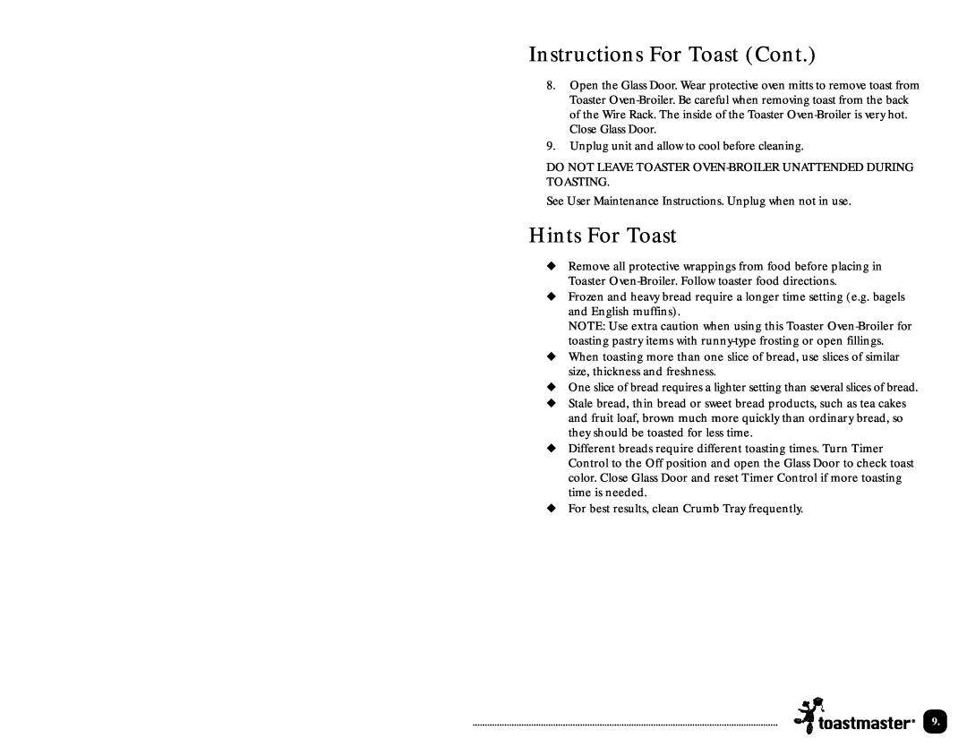 Toastmaster TOV320 manual Instructions For Toast Cont, Hints For Toast 