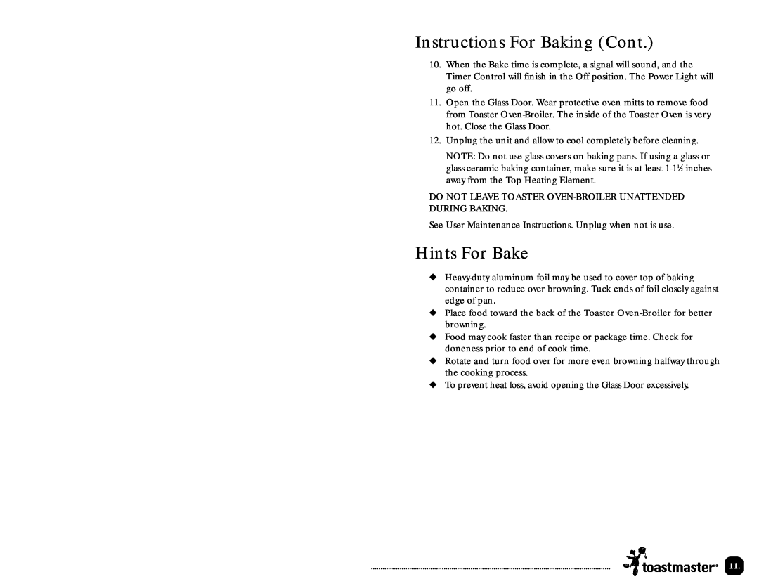 Toastmaster TOV320 manual Instructions For Baking Cont, Hints For Bake 