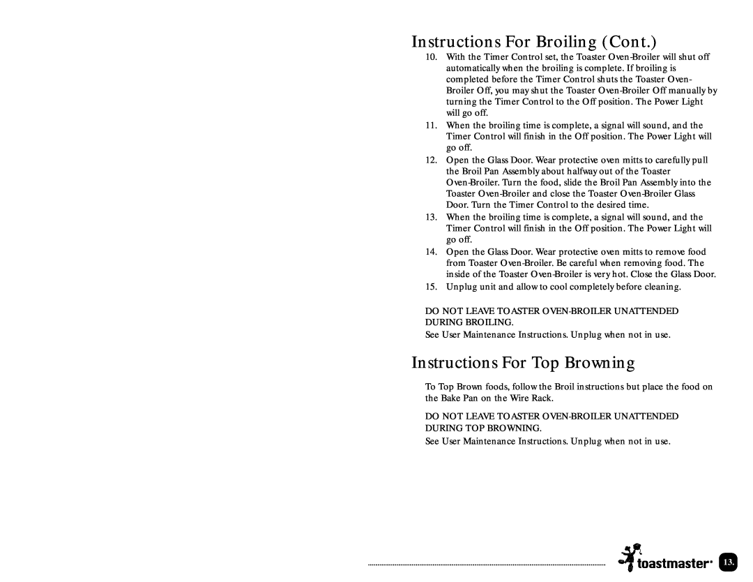 Toastmaster TOV320 manual Instructions For Broiling Cont, Instructions For Top Browning 