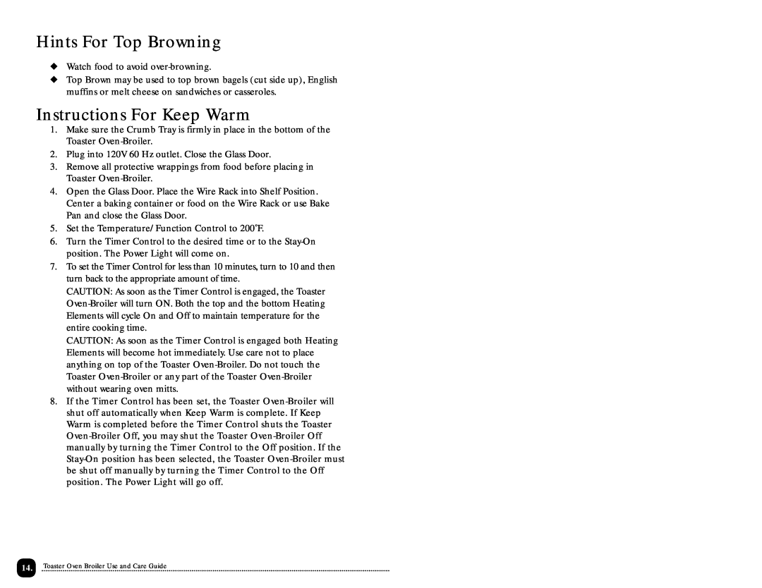 Toastmaster TOV320 manual Hints For Top Browning, Instructions For Keep Warm, Toaster Oven Broiler Use and Care Guide 
