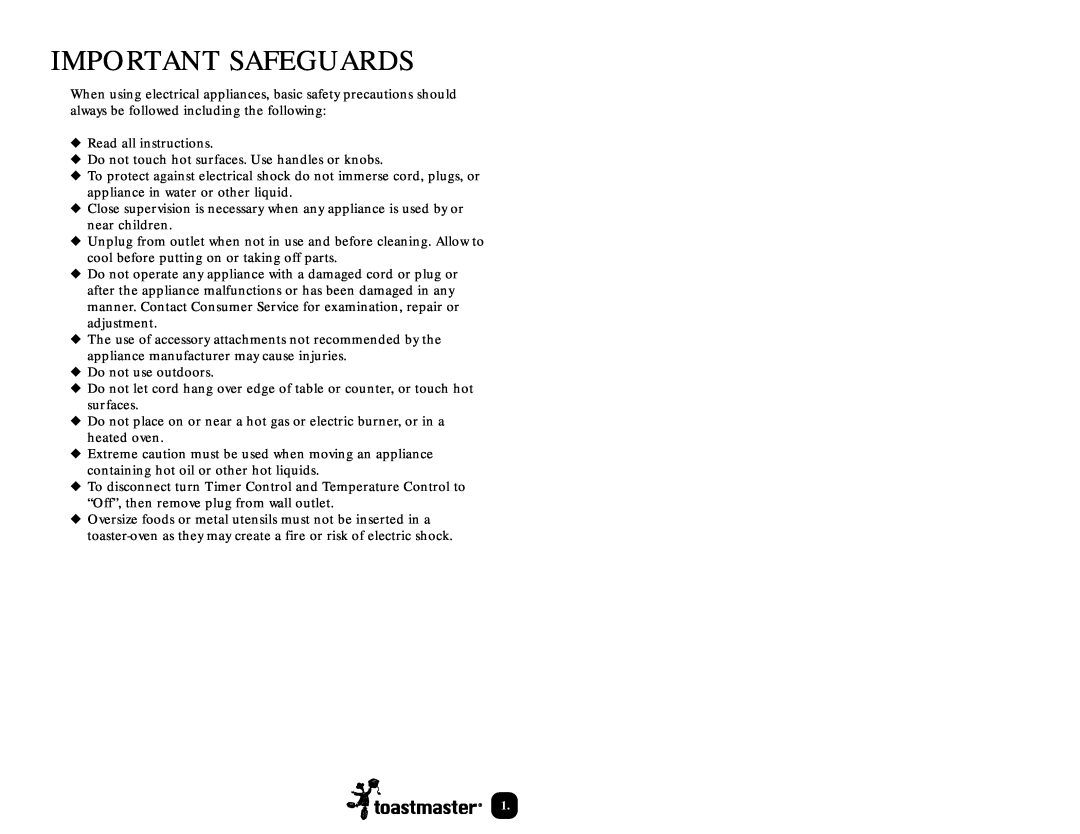Toastmaster TOV320 manual Important Safeguards 