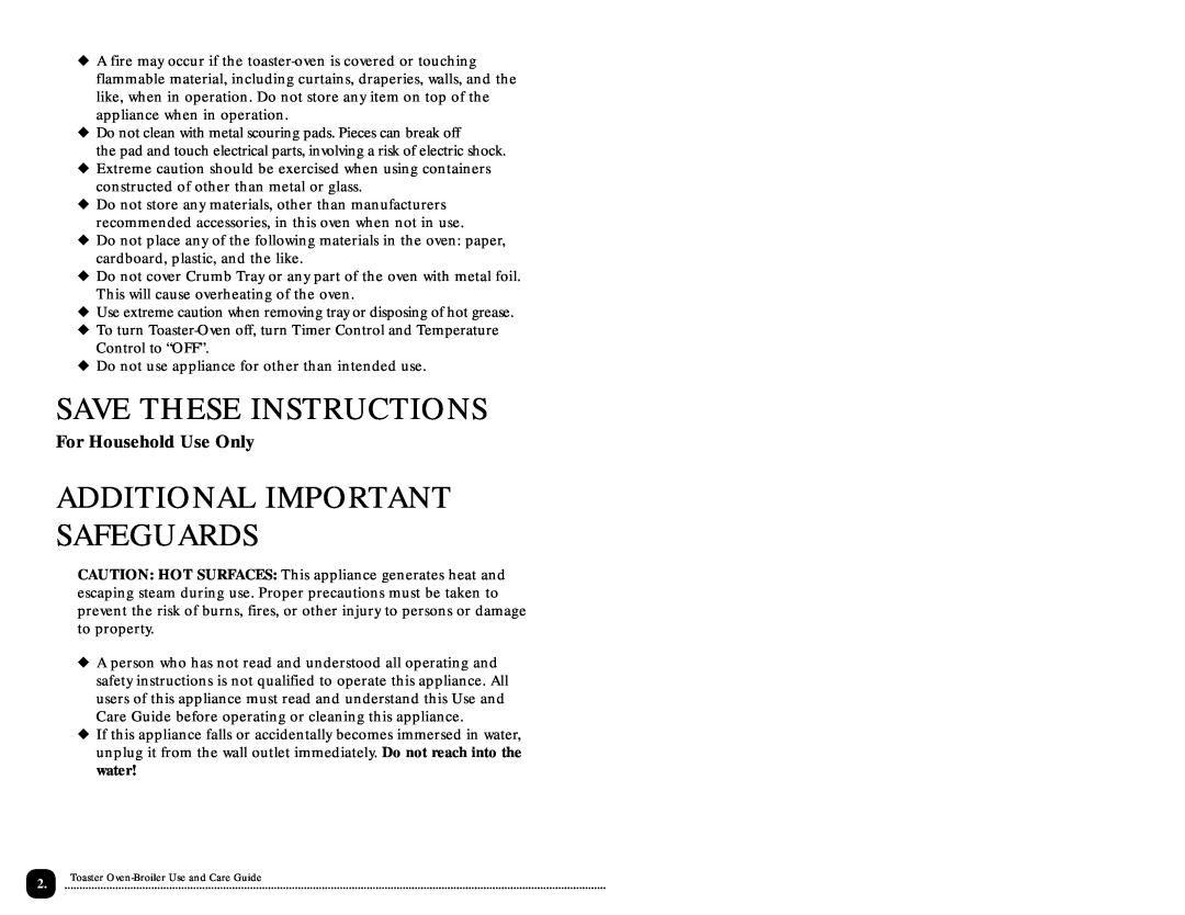 Toastmaster TOV320 manual Save These Instructions, Additional Important Safeguards, For Household Use Only 