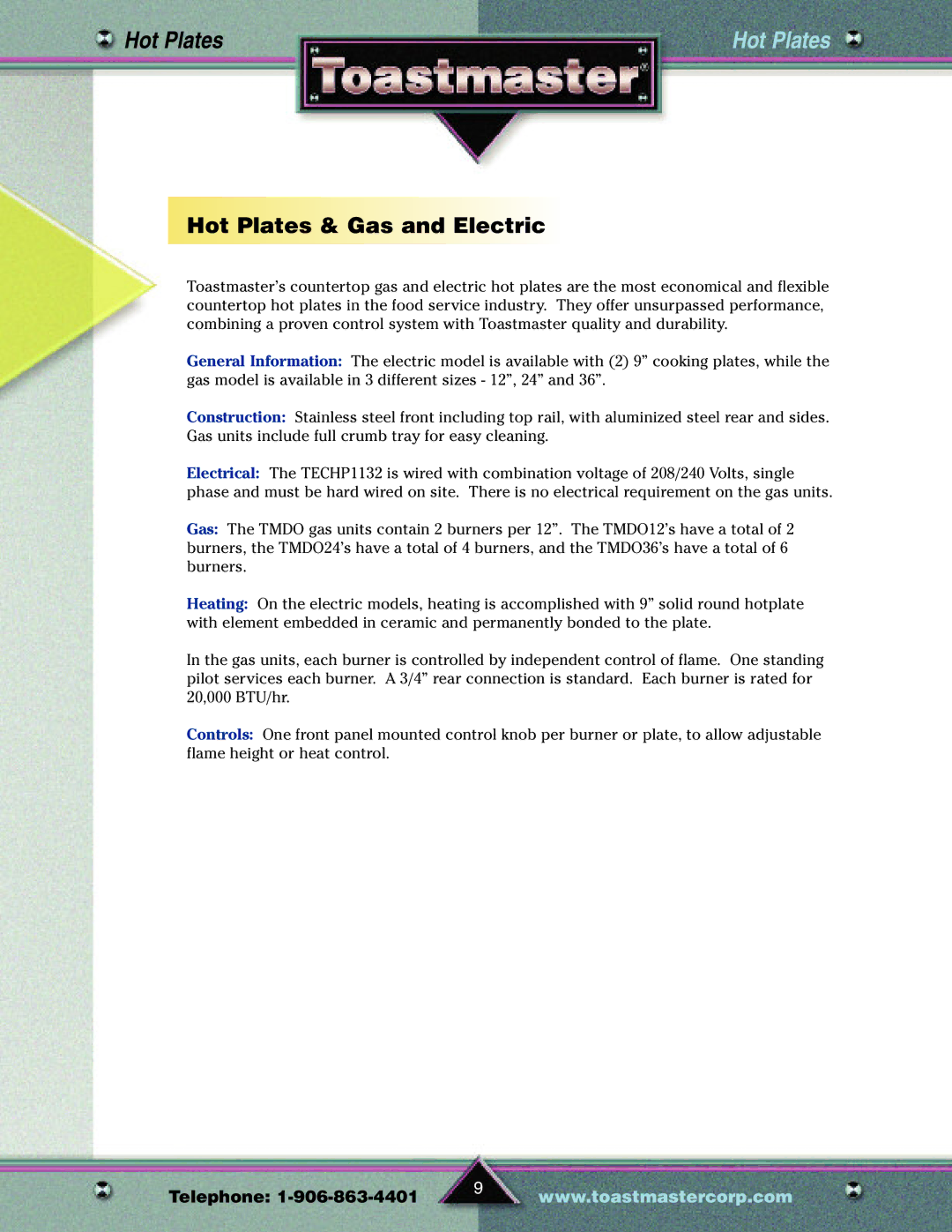 Toastmaster TP209 manual Hot Plates & Gas and Electric 